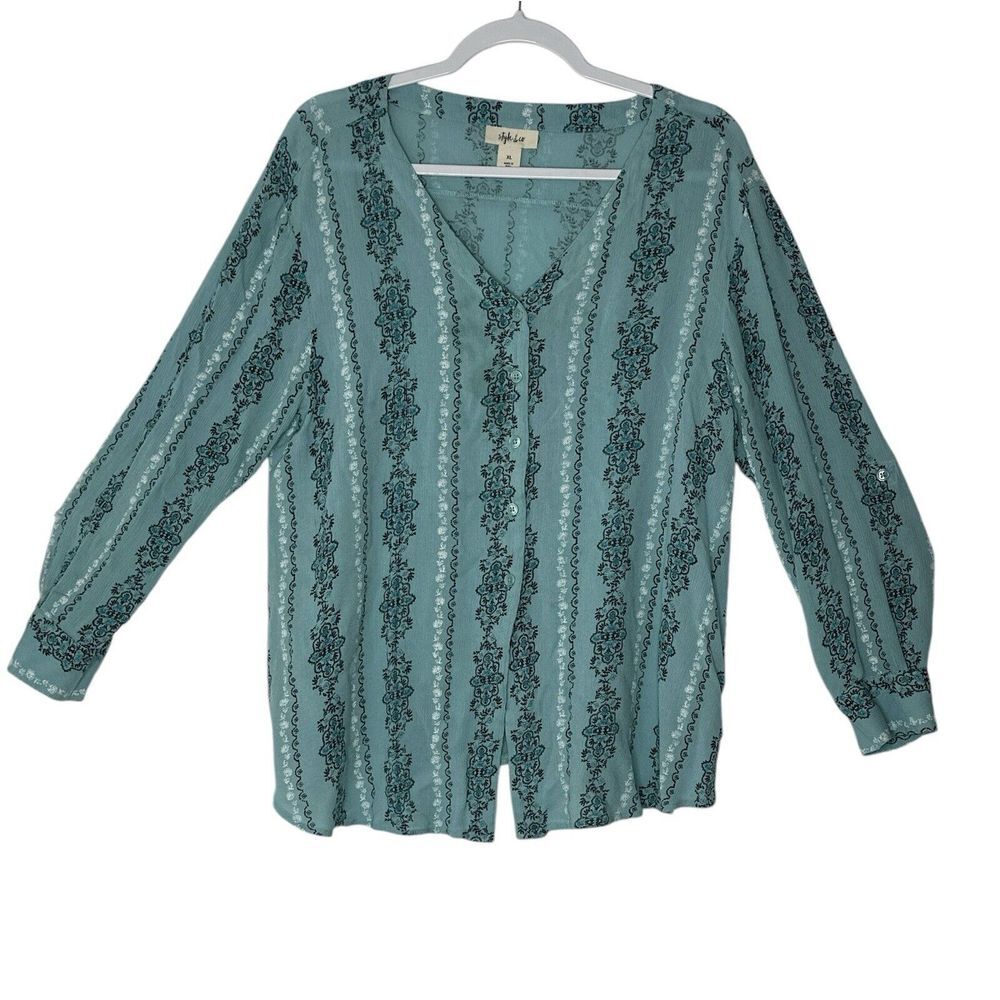 Style & Co Blouse Women XL Shirt Pull Over Blue Flower Stretch Boho Bohemian
